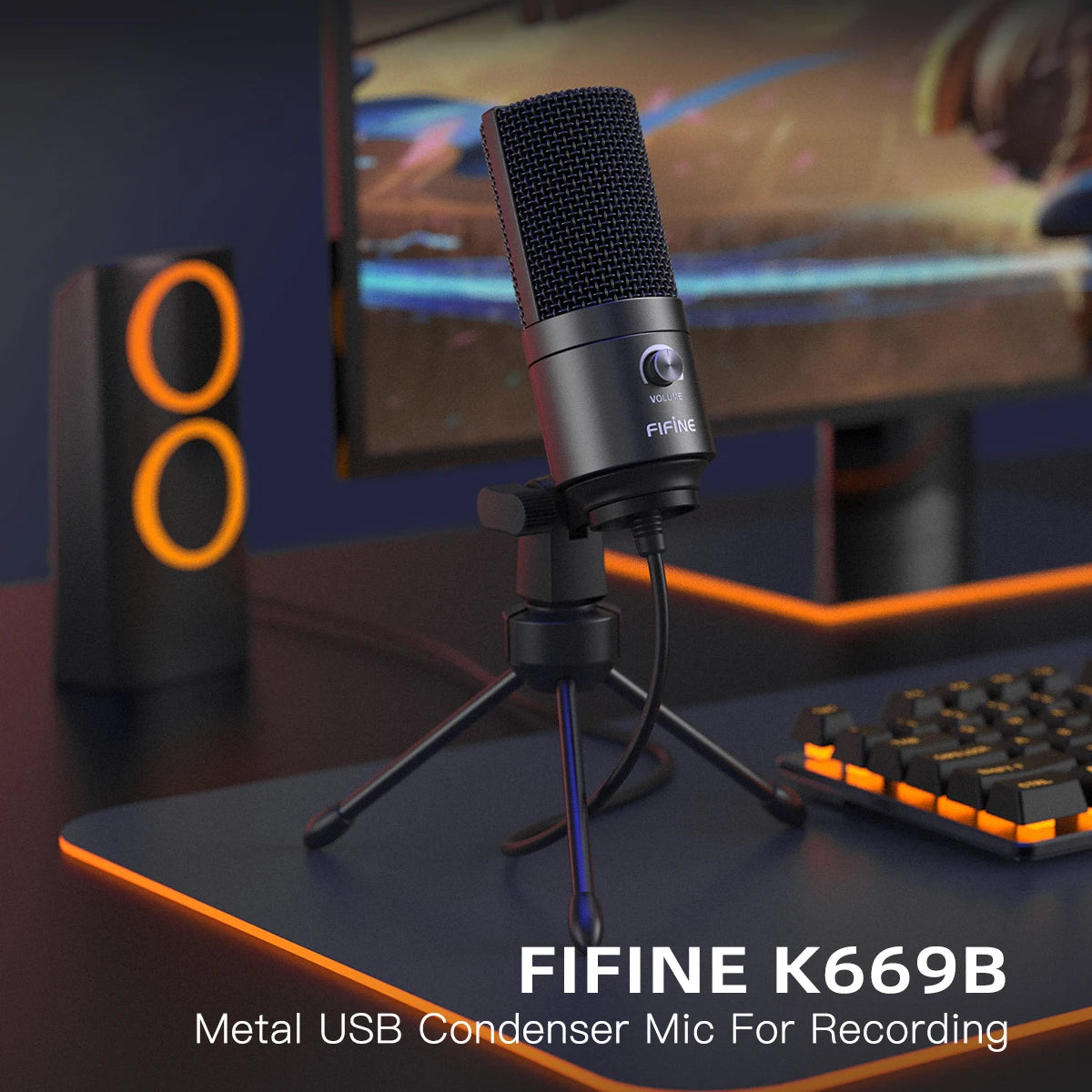 USB Condenser Microphone with Gain Knob,Metal Recording Mic for Home Studio,Podcasting,Voice-Over,Laptop,Windows -K669
