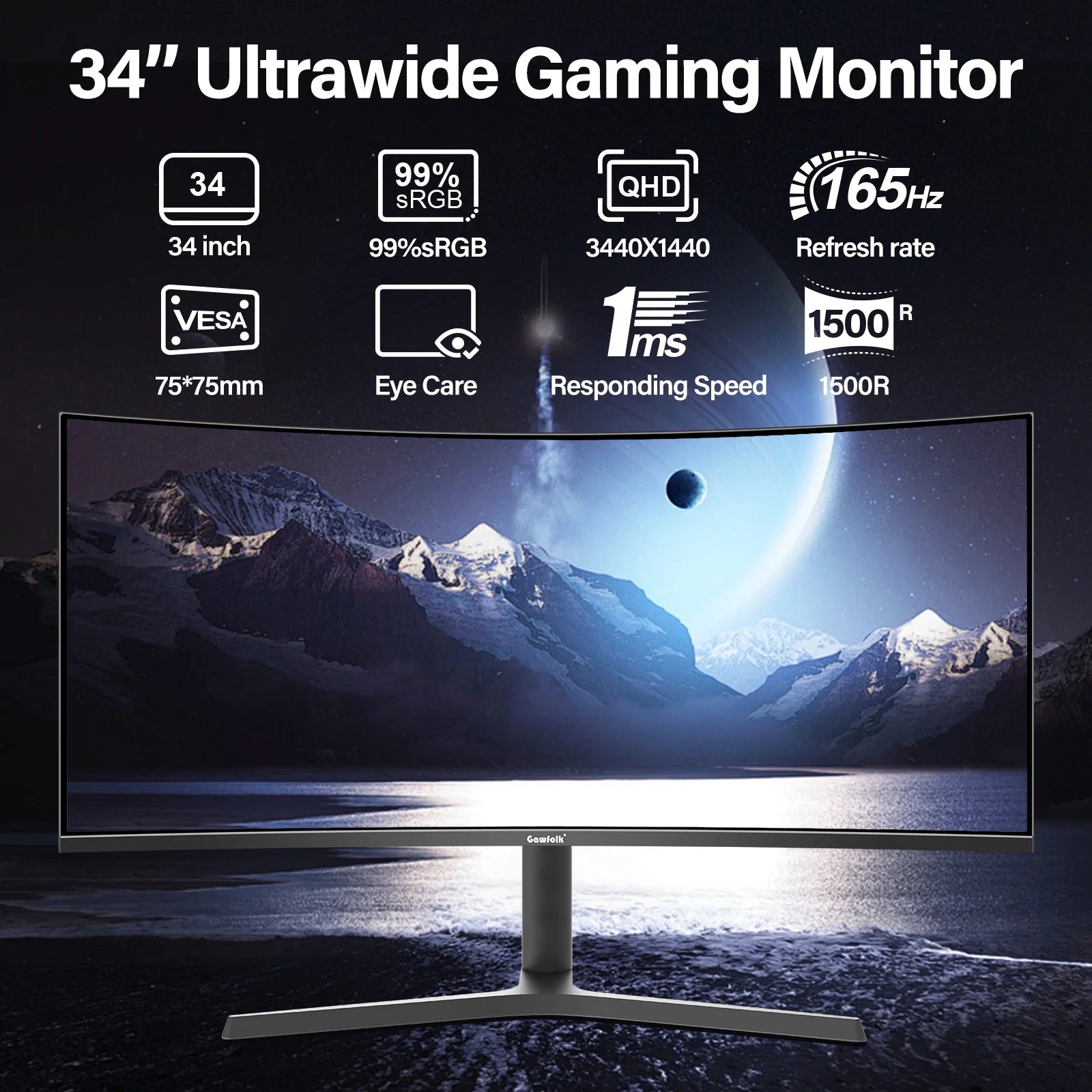 34 Inch Curved Gaming Monitor 165Hz Ultrawide, WQHD 3440X1440, Screen PC Computer, 1500R,21:9