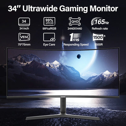34 Inch Curved Gaming Monitor 165Hz Ultrawide, WQHD 3440X1440, Screen PC Computer, 1500R,21:9