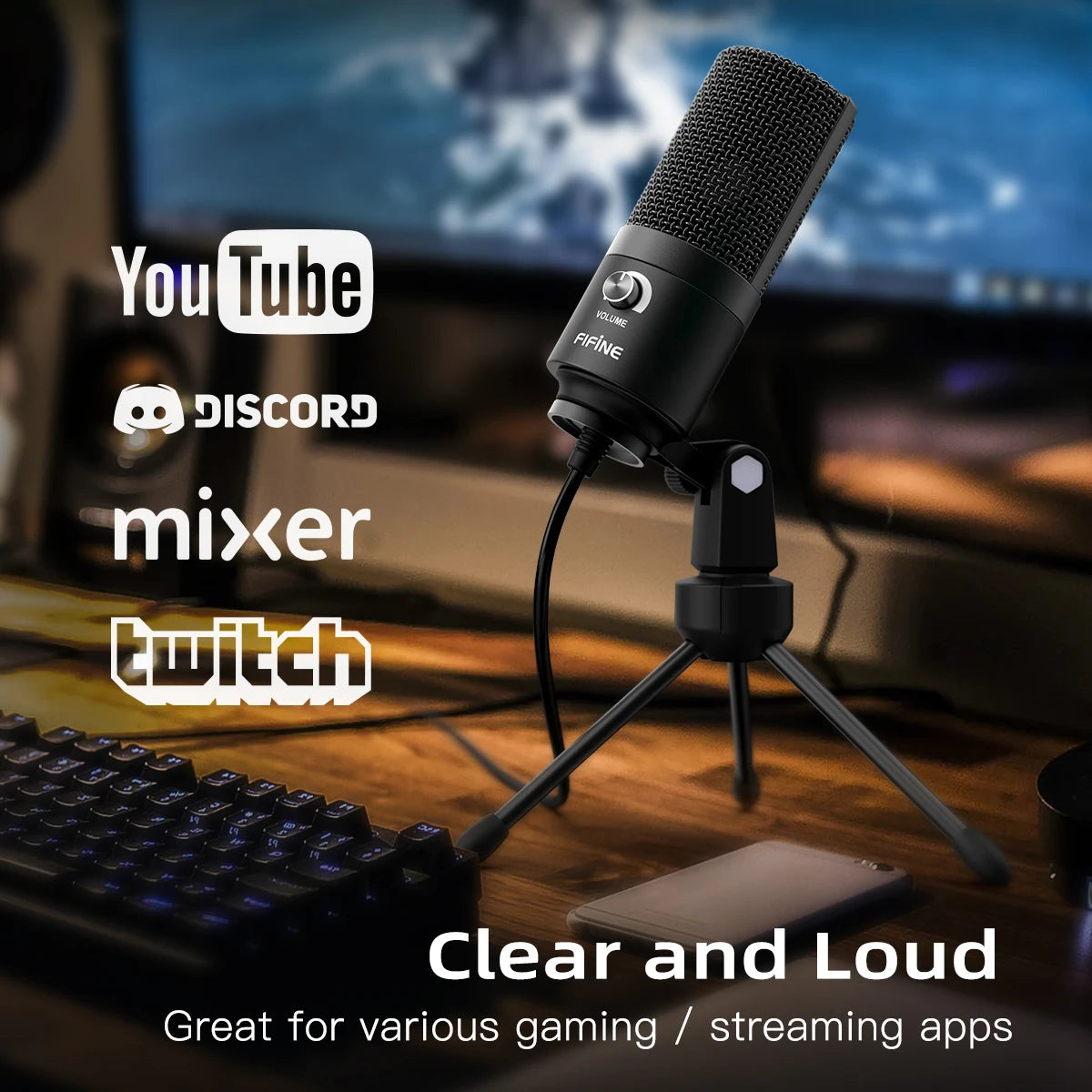 USB Condenser Microphone with Gain Knob,Metal Recording Mic for Home Studio,Podcasting,Voice-Over,Laptop,Windows -K669