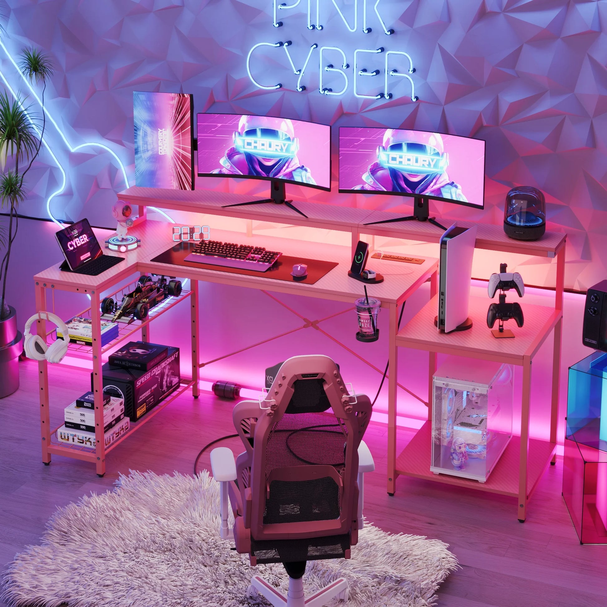 71 Inch L-Shaped Gaming Desk with Power Outlets LED Computer Office Table with Monitor Stand & Storage Shelf in Carbon Fiber Pink