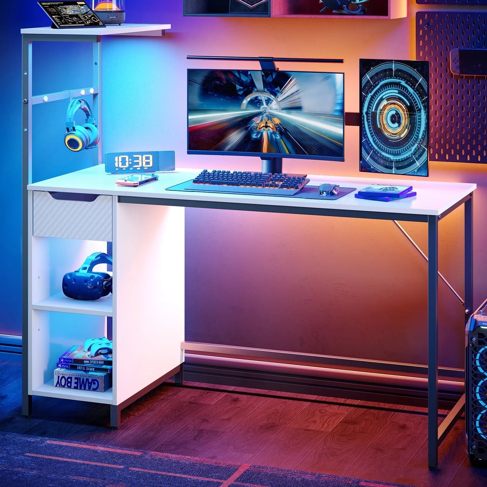 48 Inch LED Computer Gaming Desk with Drawer, Home Office PC Table with Storage Shelf in White