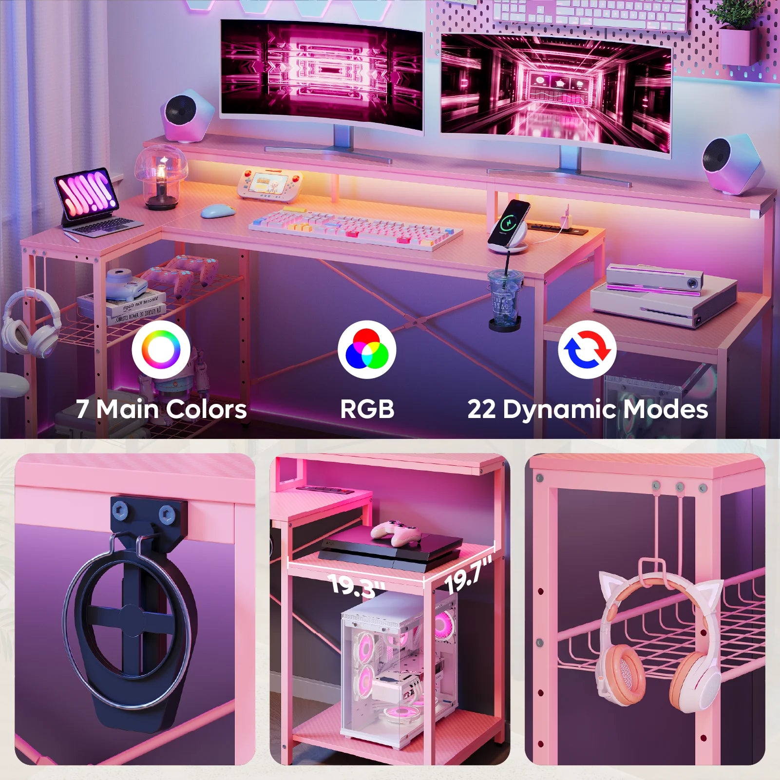 71 Inch L-Shaped Gaming Desk with Power Outlets LED Computer Office Table with Monitor Stand & Storage Shelf in Carbon Fiber Pink
