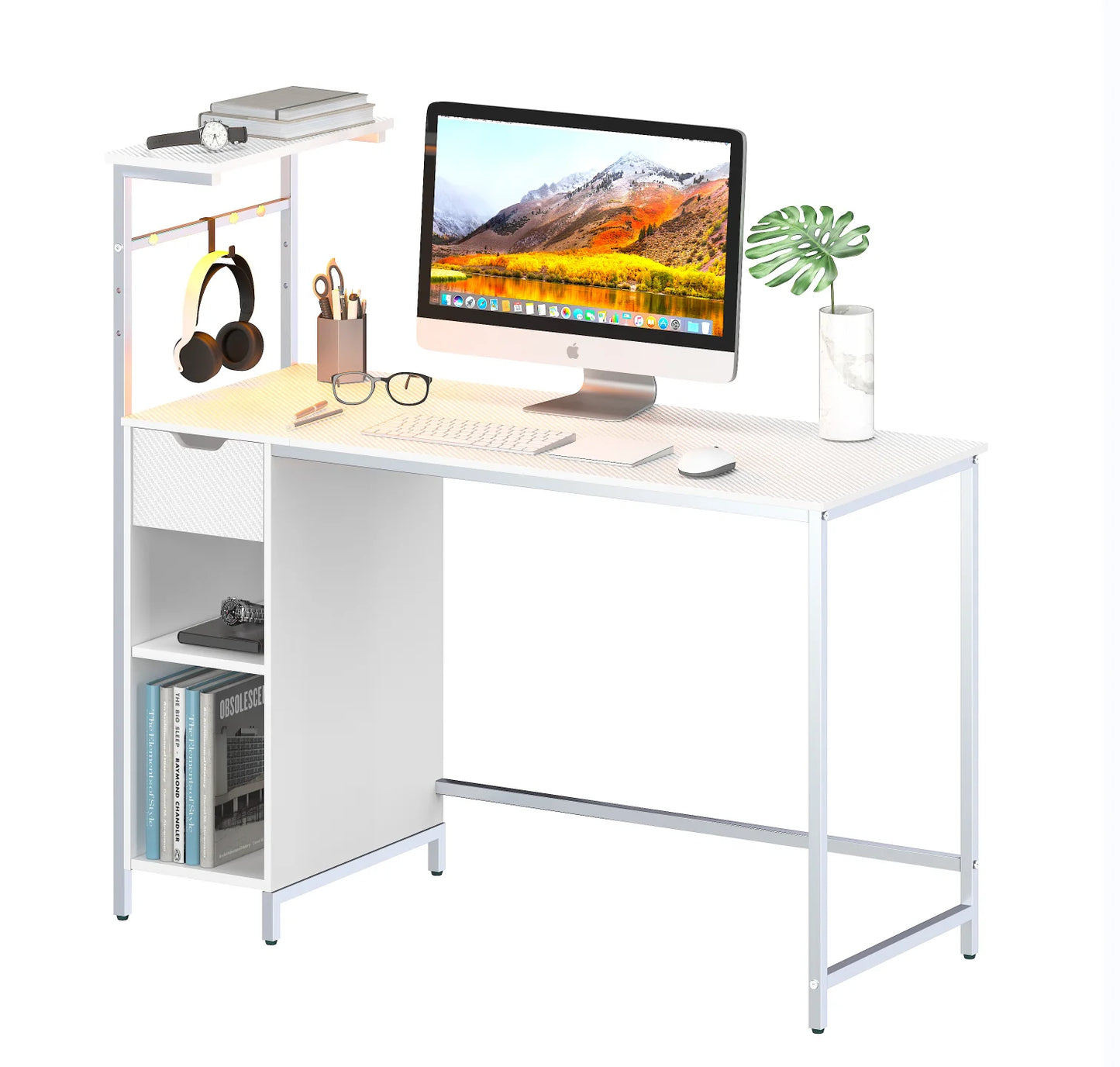 48 Inch LED Computer Gaming Desk with Drawer, Home Office PC Table with Storage Shelf in White