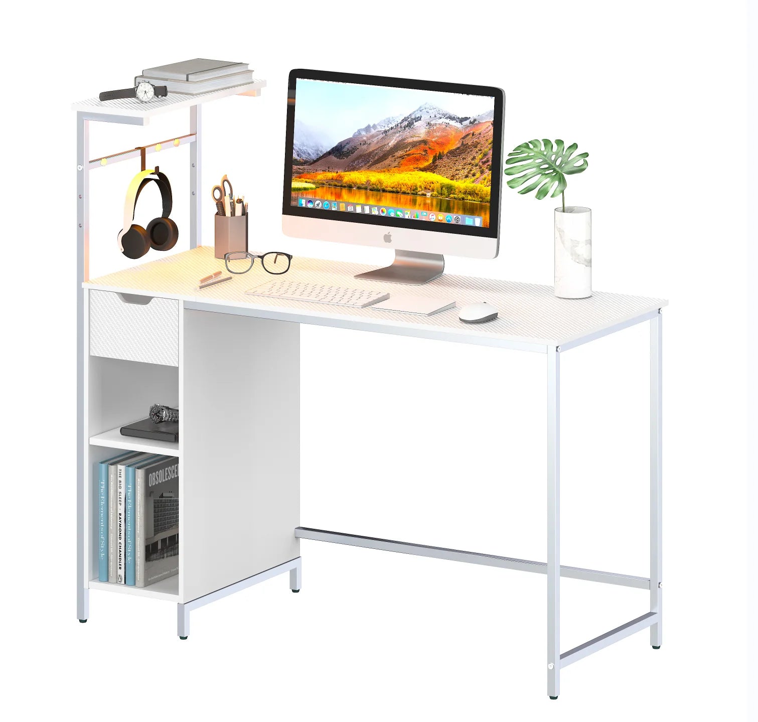 48 Inch LED Computer Gaming Desk with Drawer, Home Office PC Table with Storage Shelf in White