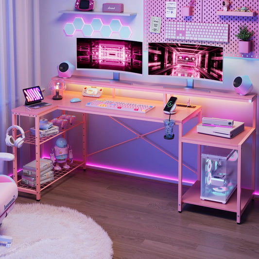 71 Inch L-Shaped Gaming Desk with Power Outlets LED Computer Office Table with Monitor Stand & Storage Shelf in Carbon Fiber Pink