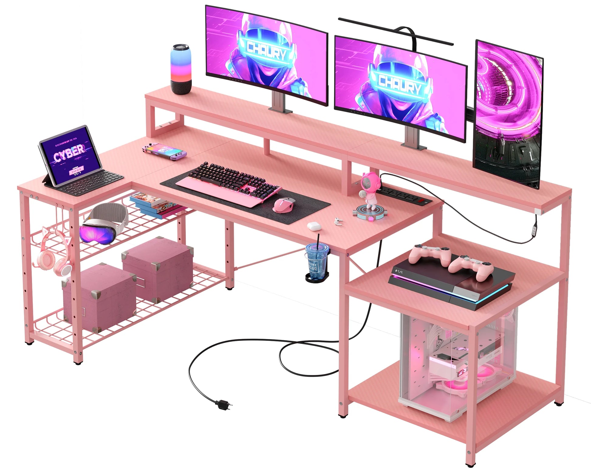 71 Inch L-Shaped Gaming Desk with Power Outlets LED Computer Office Table with Monitor Stand & Storage Shelf in Carbon Fiber Pink