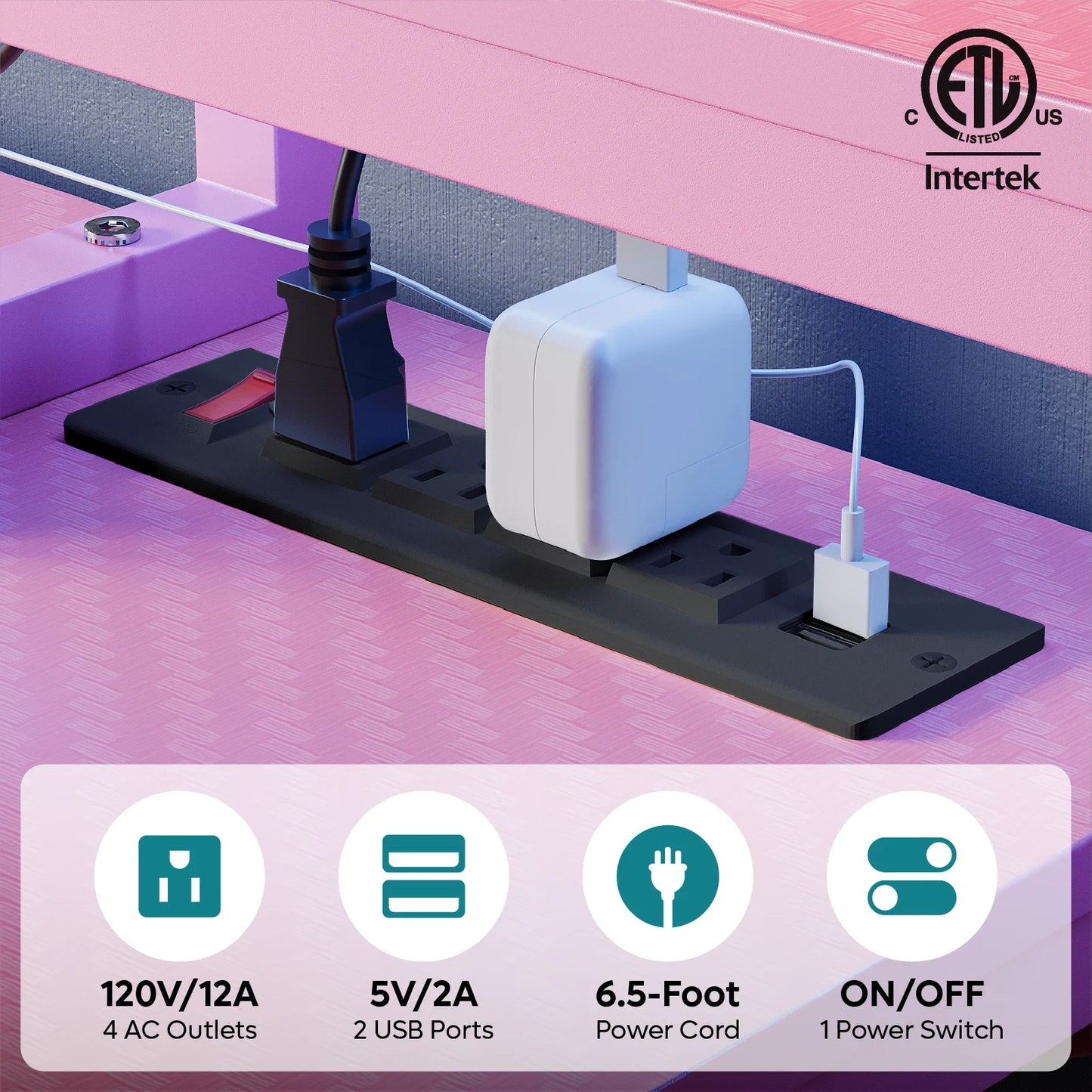 71 Inch L-Shaped Gaming Desk with Power Outlets LED Computer Office Table with Monitor Stand & Storage Shelf in Carbon Fiber Pink