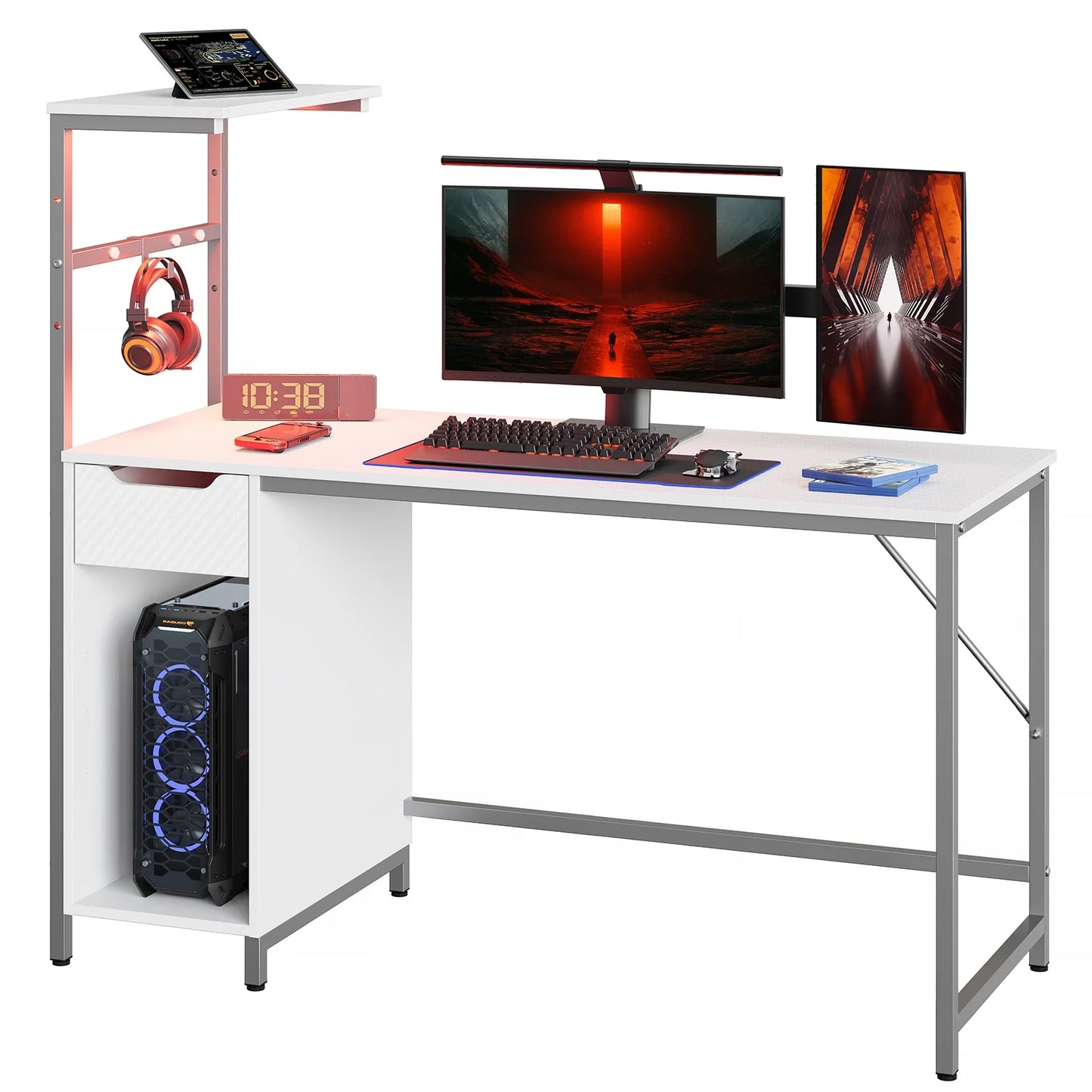 48 Inch LED Computer Gaming Desk with Drawer, Home Office PC Table with Storage Shelf in White