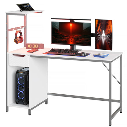 48 Inch LED Computer Gaming Desk with Drawer, Home Office PC Table with Storage Shelf in White