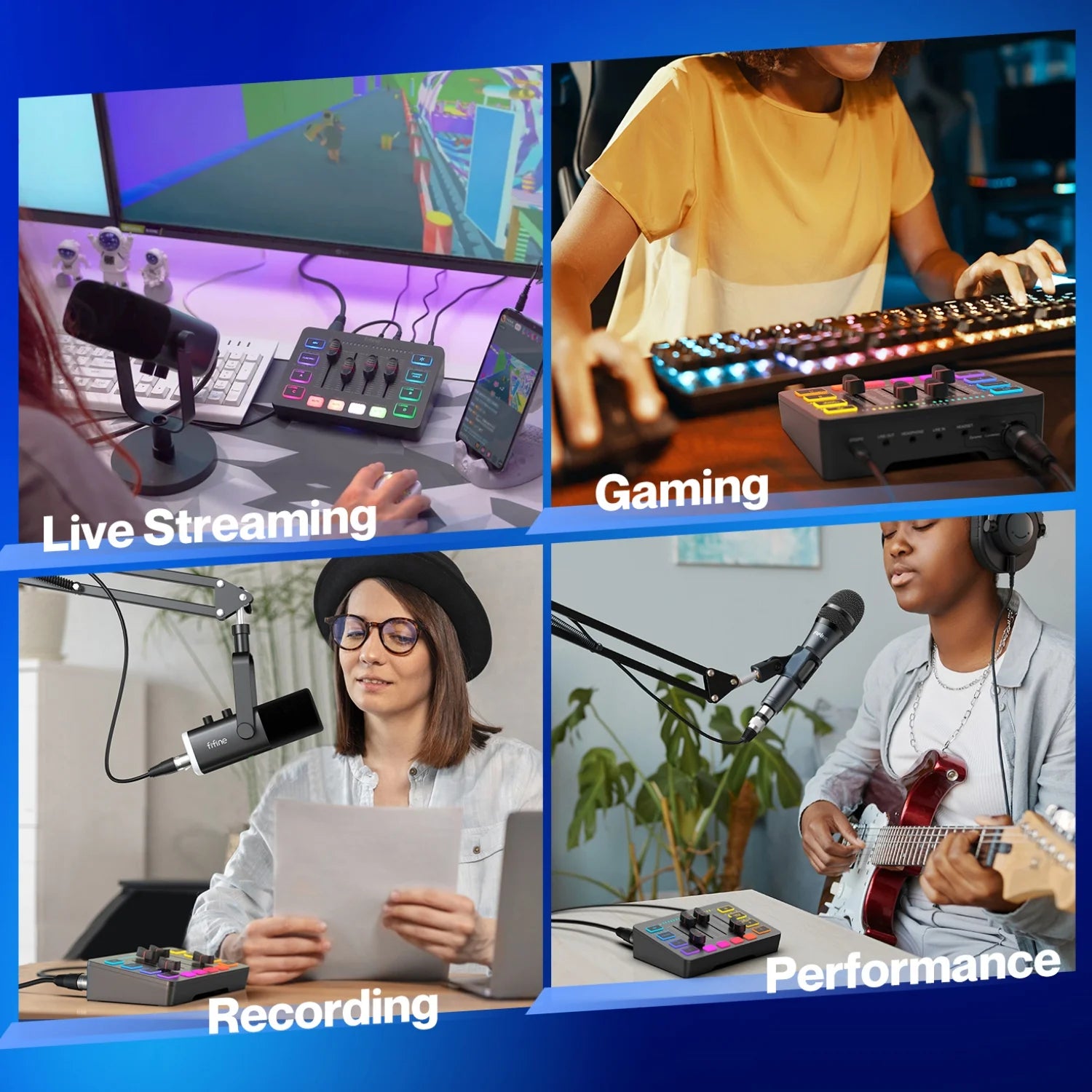 SC3 Gaming Audio Mixer, 4 Channels Audio Interface with Xlr/6.35Mm/3.5Mm Inputs, RGB, Monitor, 48V Power, Mute Button for Streaming, Podcast