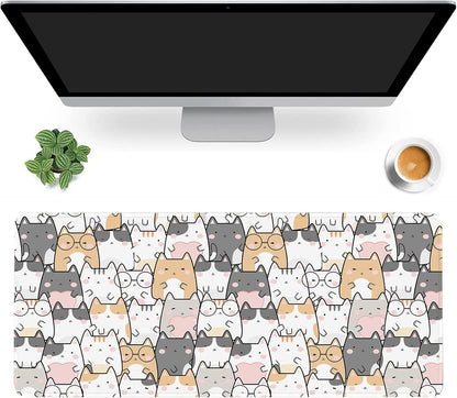 Kawaii Cute Cats Desk Mat,Cartoon Animals Extended Gaming Mouse Pad,Large Non-Slip Rubber Base Mousepad with Stitched Edges,Waterproof Mouse Mat Desk Pad for Office Game Home 35.4X15.75 In