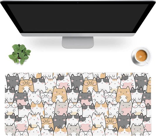 Kawaii Cute Cats Desk Mat,Cartoon Animals Extended Gaming Mouse Pad,Large Non-Slip Rubber Base Mousepad with Stitched Edges,Waterproof Mouse Mat Desk Pad for Office Game Home 35.4X15.75 In