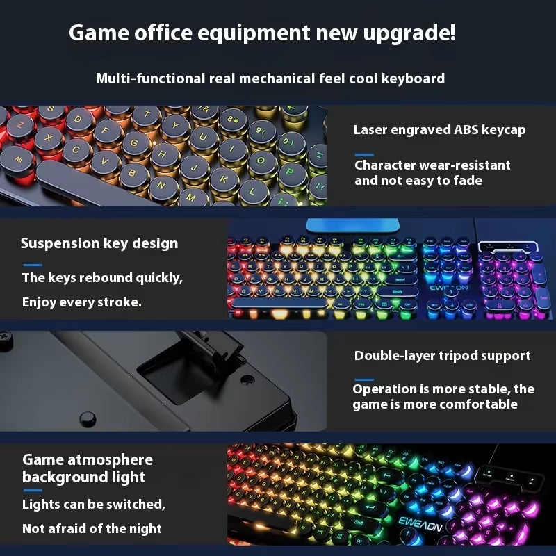 Retro round Punk Mechanical Feel Keyboard Blue Black Switch 104 Keys Usb Wired Gaming Keyboards Rgb Backlit for Pc Laptop Gamers