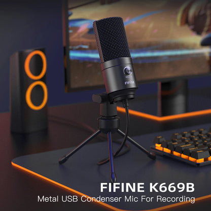 USB Condenser Microphone with Gain Knob,Metal Recording Mic for Home Studio,Podcasting,Voice-Over,Laptop,Windows -K669