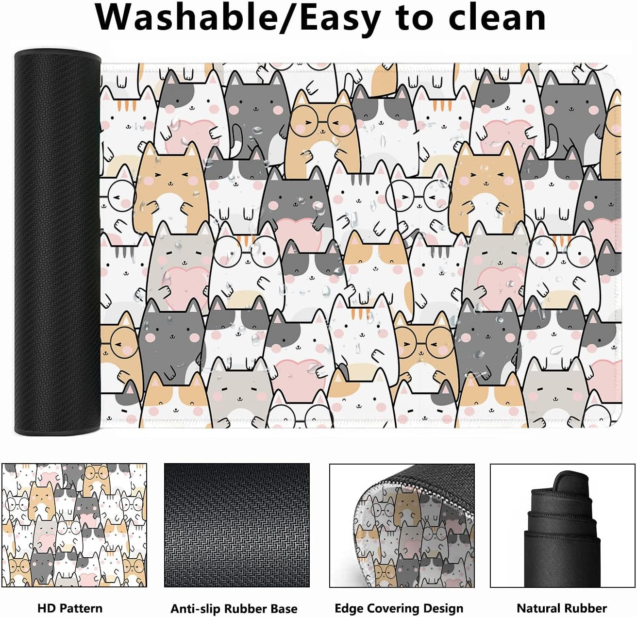 Kawaii Cute Cats Desk Mat,Cartoon Animals Extended Gaming Mouse Pad,Large Non-Slip Rubber Base Mousepad with Stitched Edges,Waterproof Mouse Mat Desk Pad for Office Game Home 35.4X15.75 In