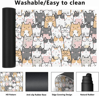 Kawaii Cute Cats Desk Mat,Cartoon Animals Extended Gaming Mouse Pad,Large Non-Slip Rubber Base Mousepad with Stitched Edges,Waterproof Mouse Mat Desk Pad for Office Game Home 35.4X15.75 In