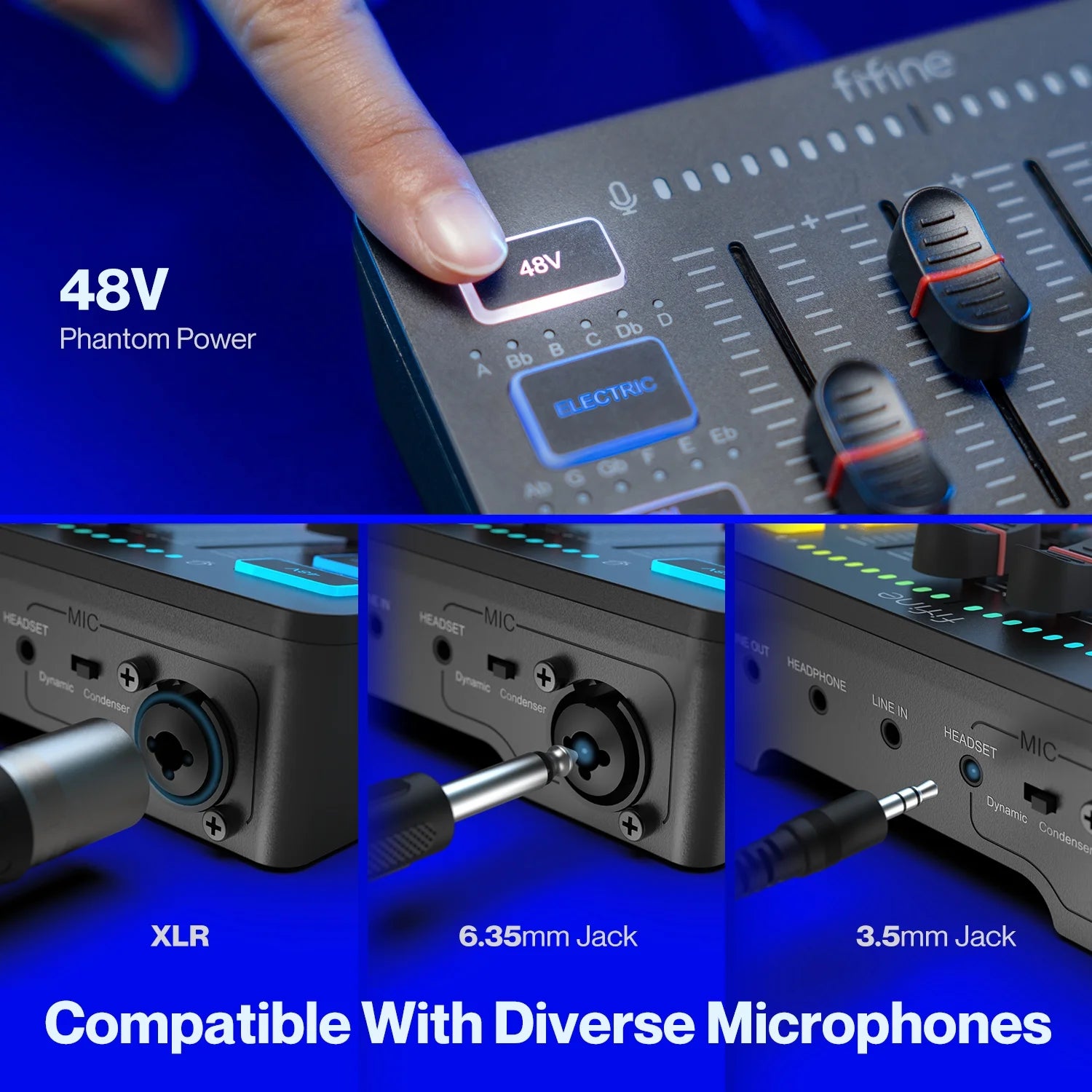SC3 Gaming Audio Mixer, 4 Channels Audio Interface with Xlr/6.35Mm/3.5Mm Inputs, RGB, Monitor, 48V Power, Mute Button for Streaming, Podcast