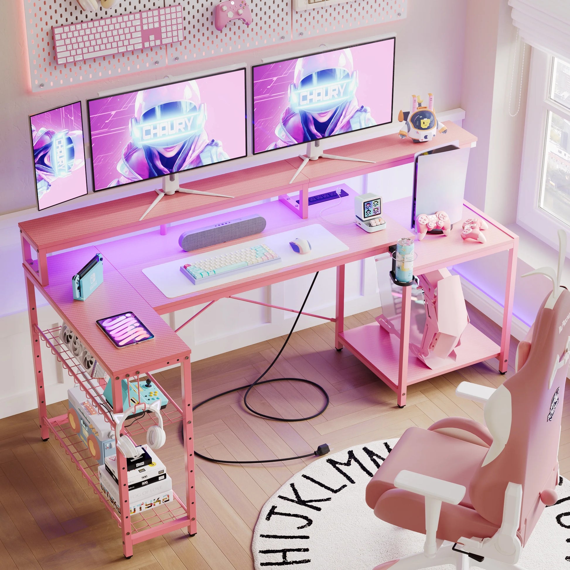71 Inch L-Shaped Gaming Desk with Power Outlets LED Computer Office Table with Monitor Stand & Storage Shelf in Carbon Fiber Pink