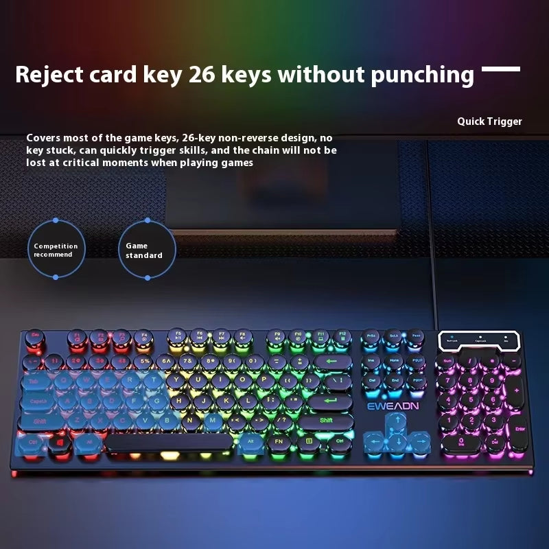 Retro round Punk Mechanical Feel Keyboard Blue Black Switch 104 Keys Usb Wired Gaming Keyboards Rgb Backlit for Pc Laptop Gamers