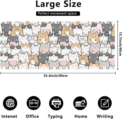 Kawaii Cute Cats Desk Mat,Cartoon Animals Extended Gaming Mouse Pad,Large Non-Slip Rubber Base Mousepad with Stitched Edges,Waterproof Mouse Mat Desk Pad for Office Game Home 35.4X15.75 In