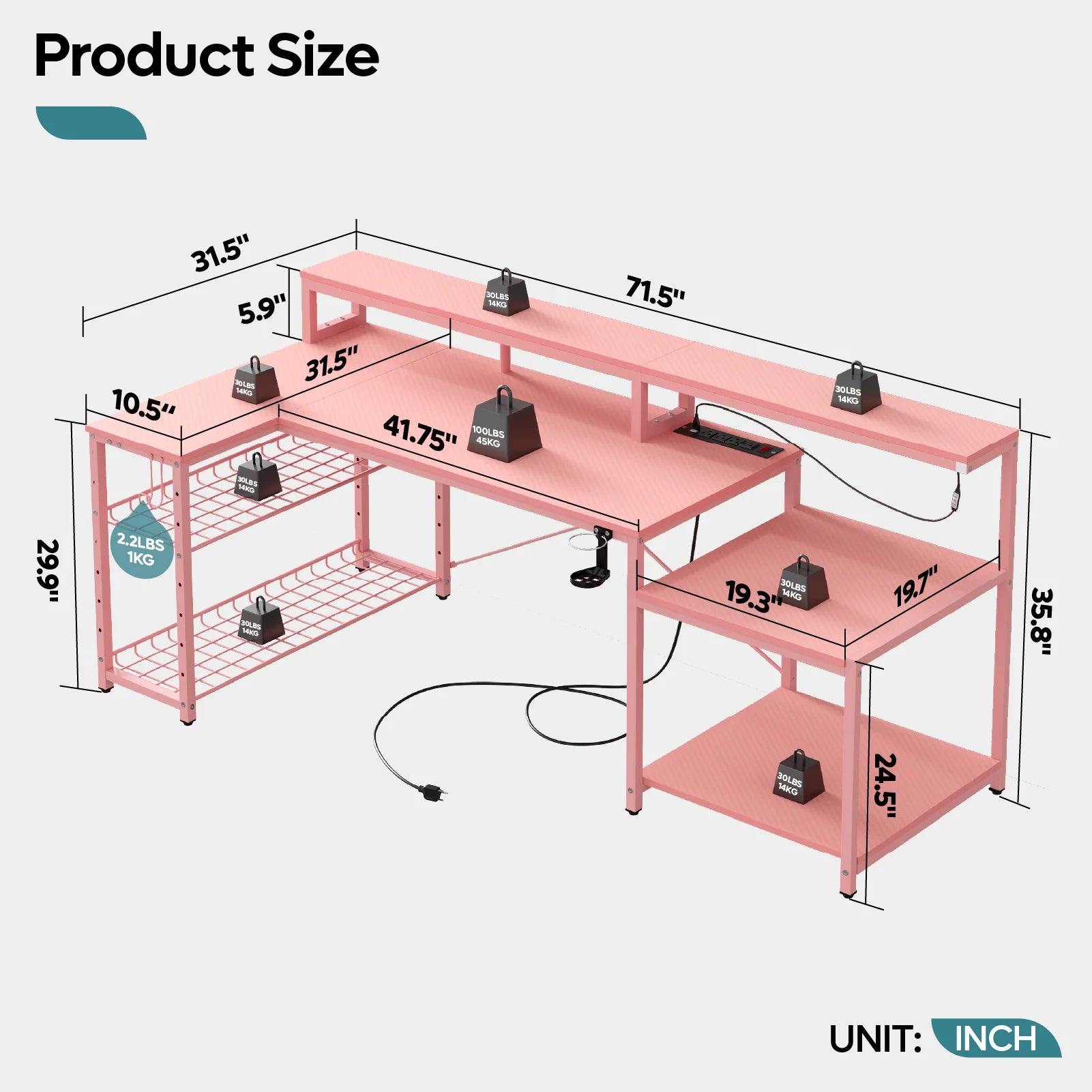 71 Inch L-Shaped Gaming Desk with Power Outlets LED Computer Office Table with Monitor Stand & Storage Shelf in Carbon Fiber Pink