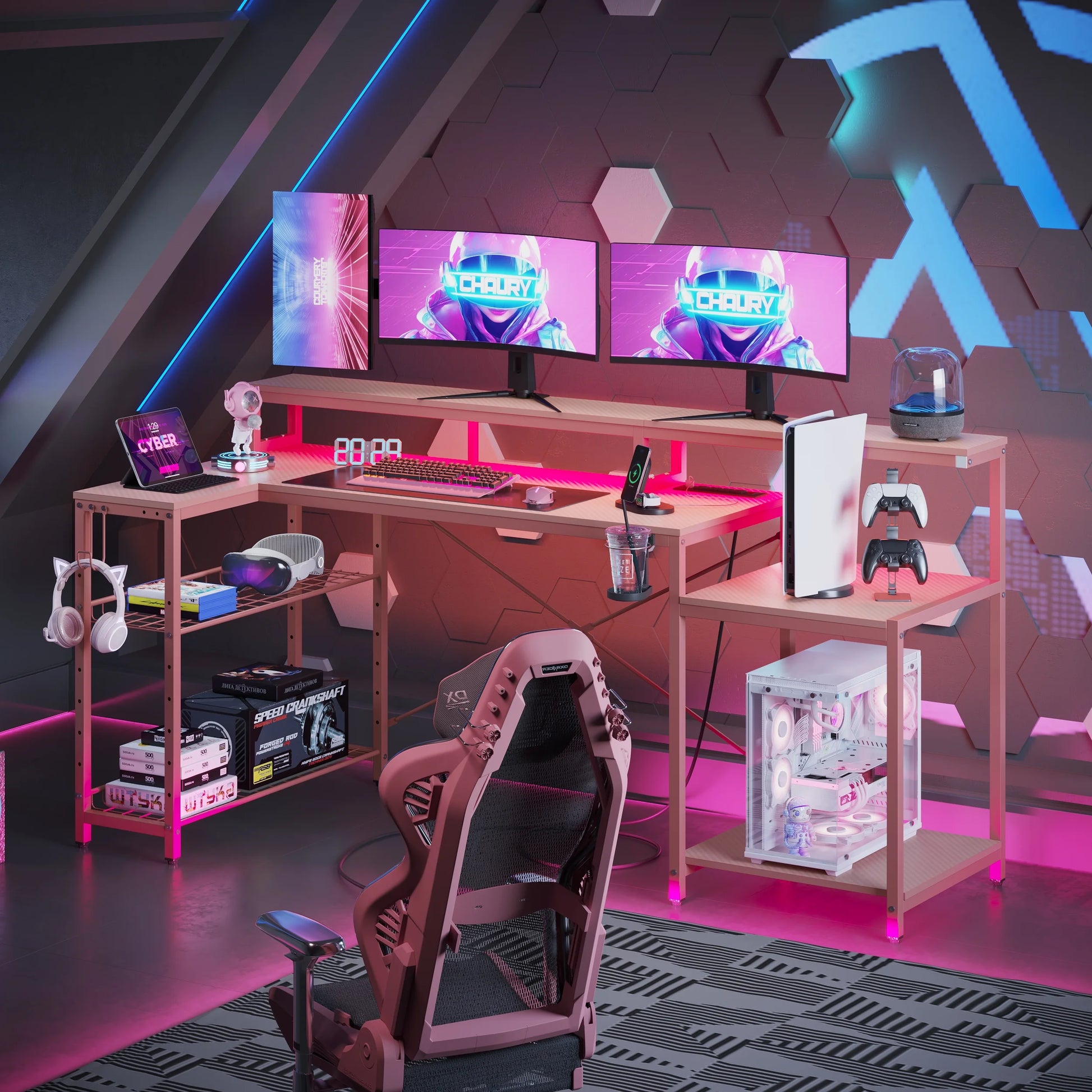 71 Inch L-Shaped Gaming Desk with Power Outlets LED Computer Office Table with Monitor Stand & Storage Shelf in Carbon Fiber Pink