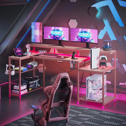 71 Inch L-Shaped Gaming Desk with Power Outlets LED Computer Office Table with Monitor Stand & Storage Shelf in Carbon Fiber Pink