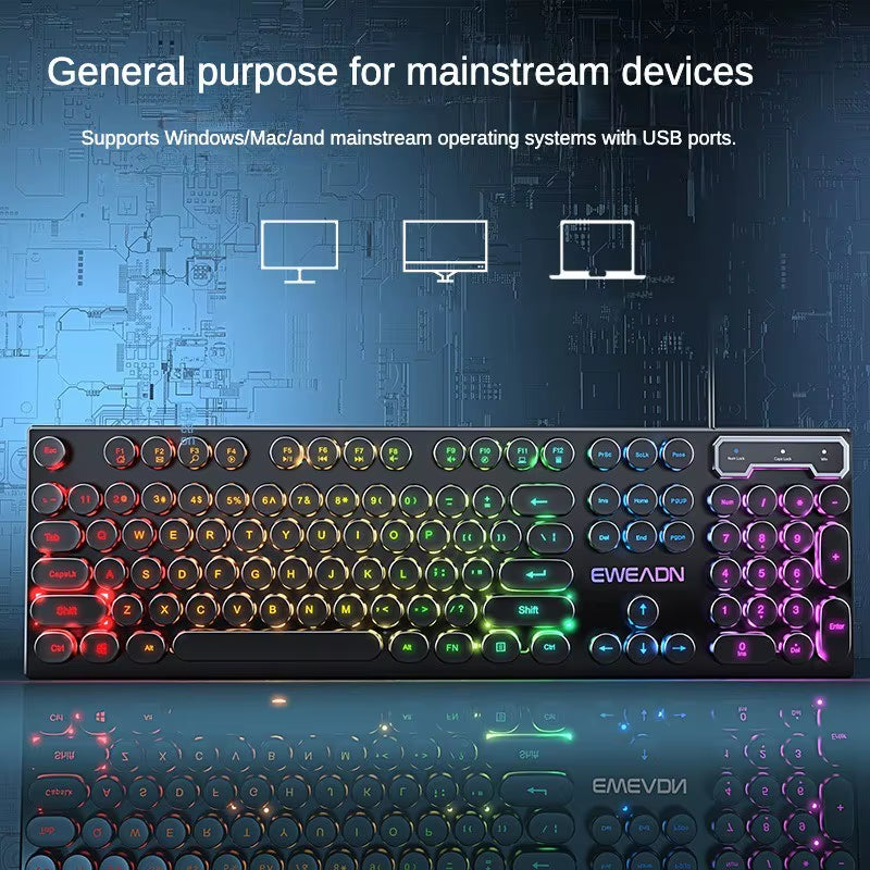 Retro round Punk Mechanical Feel Keyboard Blue Black Switch 104 Keys Usb Wired Gaming Keyboards Rgb Backlit for Pc Laptop Gamers