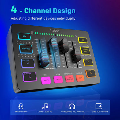 SC3 Gaming Audio Mixer, 4 Channels Audio Interface with Xlr/6.35Mm/3.5Mm Inputs, RGB, Monitor, 48V Power, Mute Button for Streaming, Podcast